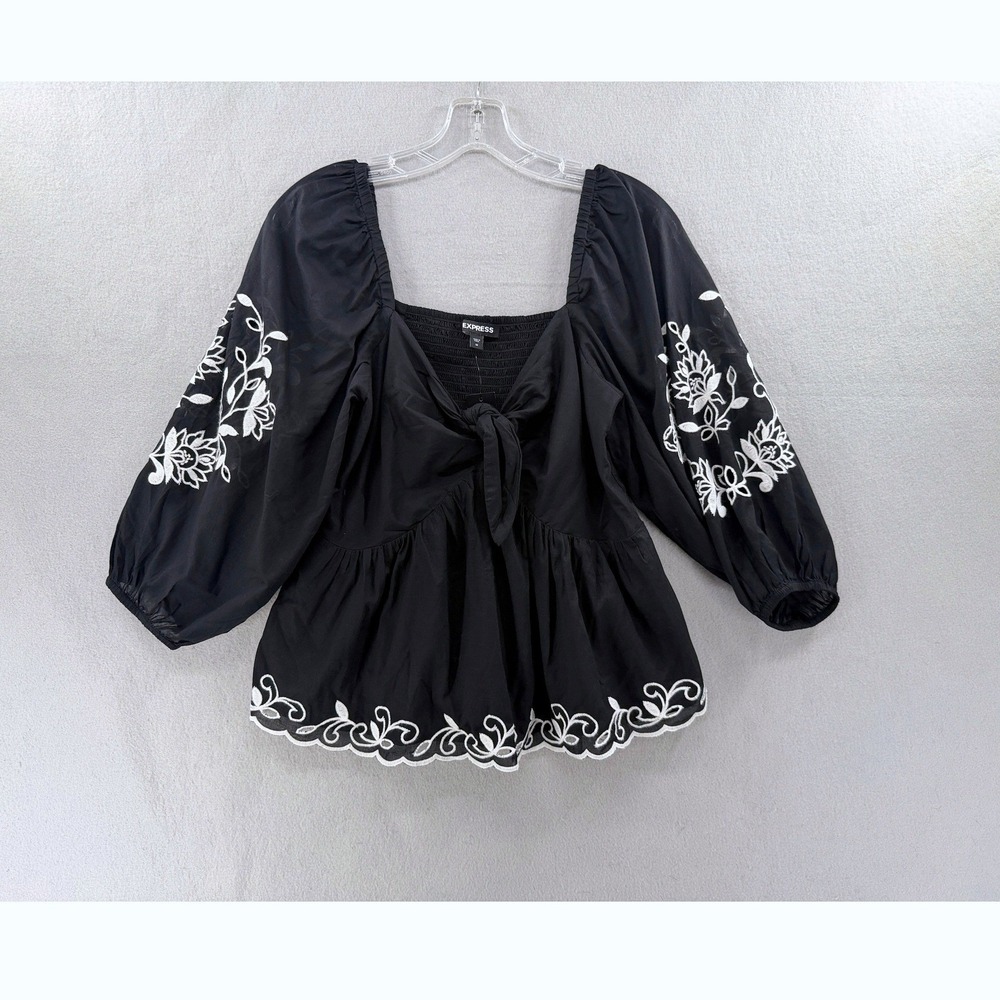 Express Top Womens M Black Embroidered Tie Front Puff 3/4 Sleeve Cottagecore